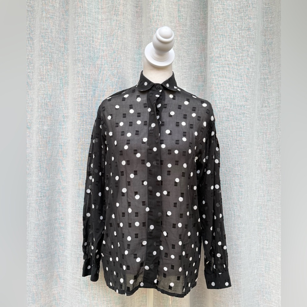Vía Condotti black sheer white polka dots button down blouse